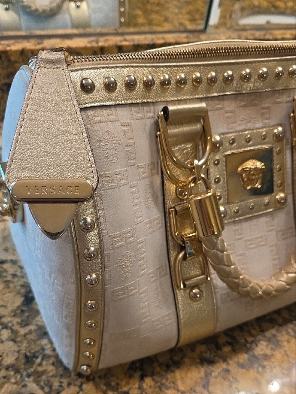 Gorgeous Versace Cream and Gold Medusa Studded Satchel with Braided Handle - Picture 4 of 16